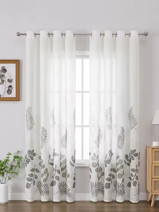 White Transparent Palm Tree Print Pattern Curtains, Suitable For Living Room And Bedroom Light-transmitting Hazy Door Curtain