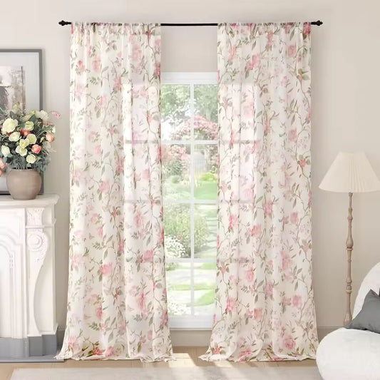 Floral Sheer Curtains for Girls Bedroom, Vintage Farmhouse Light Filtering Privacy Semi-Sheer Linen Curtains for Kids Nursery