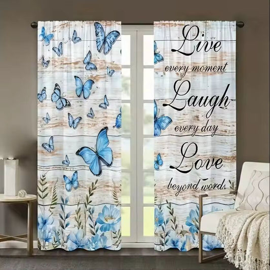 2pcs- White flower and blue butterfly polyester curtains, pole bag curtains 42*84, bedroom, living room, home room decoration