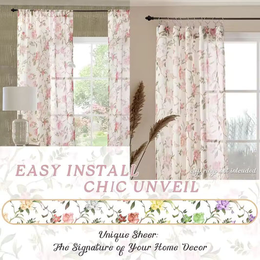 Floral Sheer Curtains for Girls Bedroom, Vintage Farmhouse Light Filtering Privacy Semi-Sheer Linen Curtains for Kids Nursery