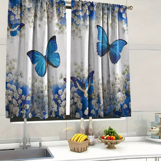 2pcs- White flower and blue butterfly polyester curtains, pole bag curtains 42*84, bedroom, living room, home room decoration